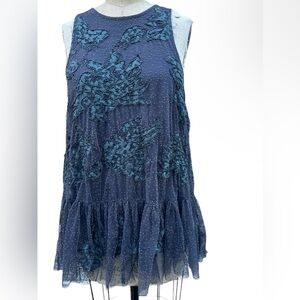 Anthropologie Blue Sleeveless Blouse with Teal Floral Accents